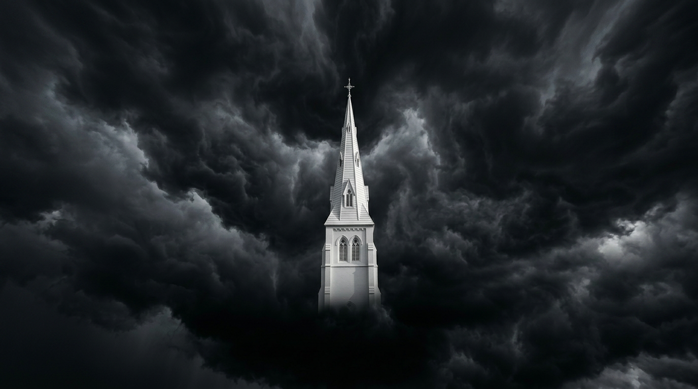 Gothic-style church steeple with dark, swirling storm clouds overhead