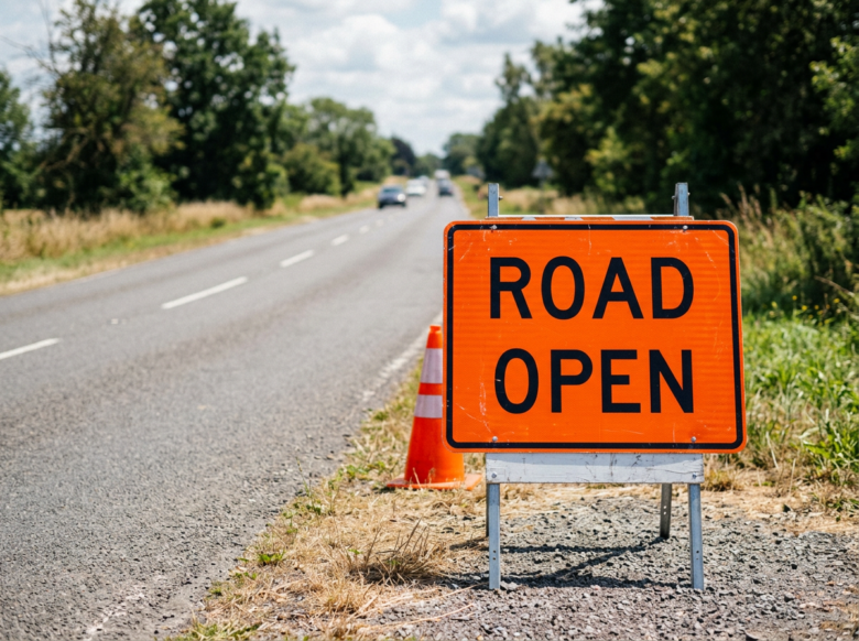 Orange traffic sign with black text reading ROAD OPEN next to a traffic cone