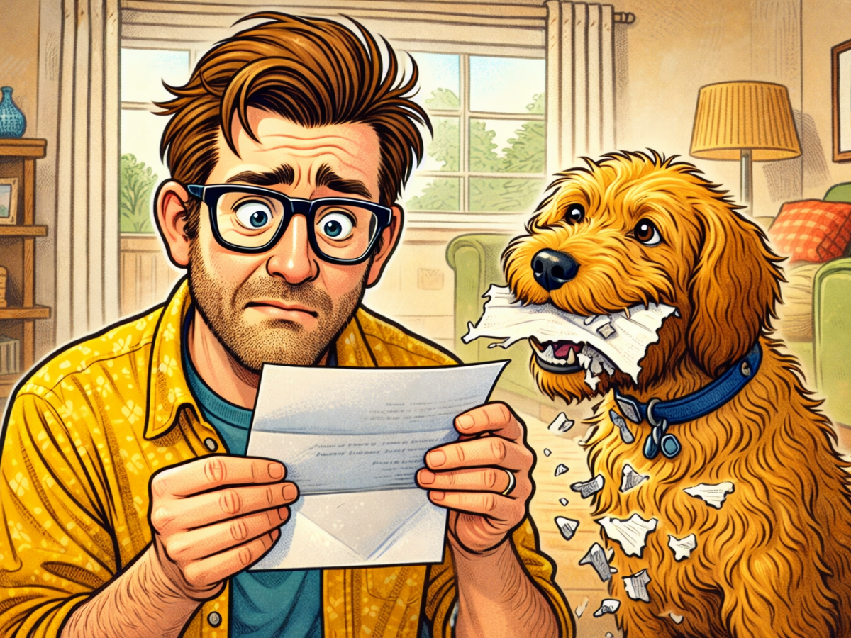 A worried man with glasses and a yellow shirt is holding a torn letter, while a golden-brown dog with a blue collar sits beside him, chewing and tearing up the paper. The scene is set in a cozy living room with a green couch, a lamp, and a bookshelf in the background.