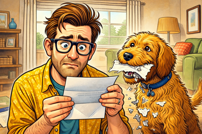A worried man with glasses and a yellow shirt is holding a torn letter, while a golden-brown dog with a blue collar sits beside him, chewing and tearing up the paper. The scene is set in a cozy living room with a green couch, a lamp, and a bookshelf in the background.