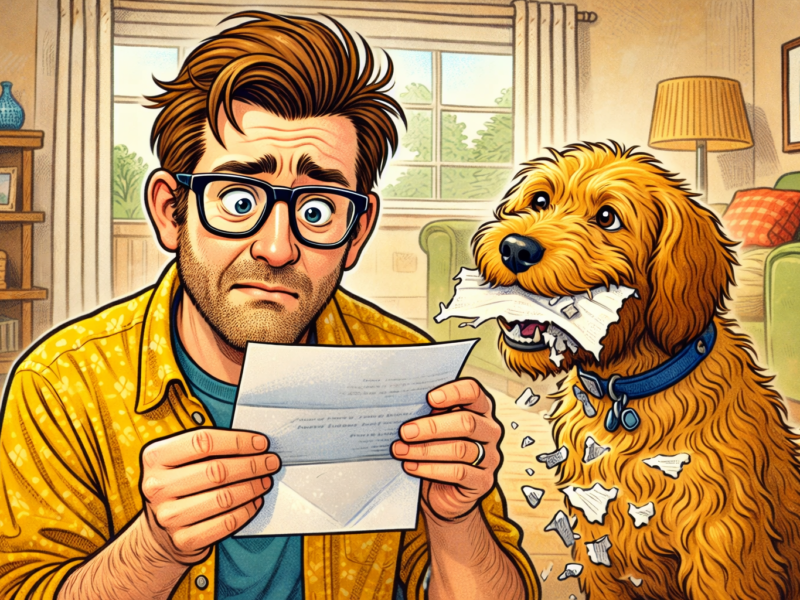 A worried man with glasses and a yellow shirt is holding a torn letter, while a golden-brown dog with a blue collar sits beside him, chewing and tearing up the paper. The scene is set in a cozy living room with a green couch, a lamp, and a bookshelf in the background.