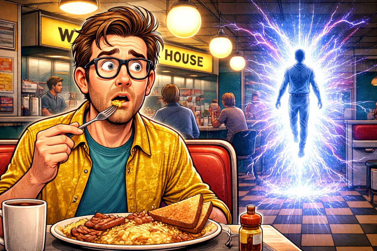 A man with glasses and tousled brown hair, wearing a yellow shirt over a teal t-shirt, sits in a diner booth eating a breakfast plate with eggs, bacon, and toast. He looks surprised or startled, holding a fork with food near his mouth. In the background, a glowing figure surrounded by blue and purple electrical energy is floating or walking upward inside the diner. Other patrons sit at the counter, unaware or indifferent to the glowing figure. The diner has round hanging lights and a sign partially visible reading "HOUSE.