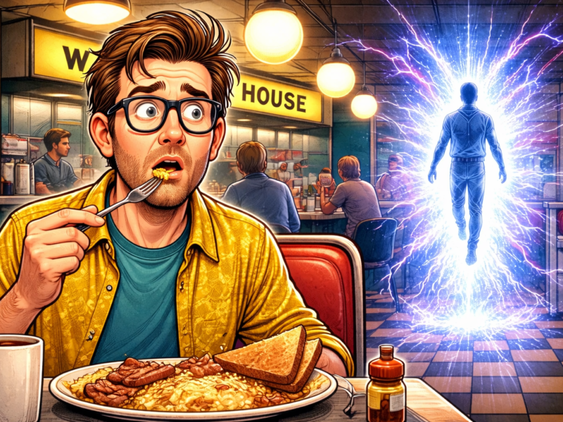 A man with glasses and tousled brown hair, wearing a yellow shirt over a teal t-shirt, sits in a diner booth eating a breakfast plate with eggs, bacon, and toast. He looks surprised or startled, holding a fork with food near his mouth. In the background, a glowing figure surrounded by blue and purple electrical energy is floating or walking upward inside the diner. Other patrons sit at the counter, unaware or indifferent to the glowing figure. The diner has round hanging lights and a sign partially visible reading "HOUSE.