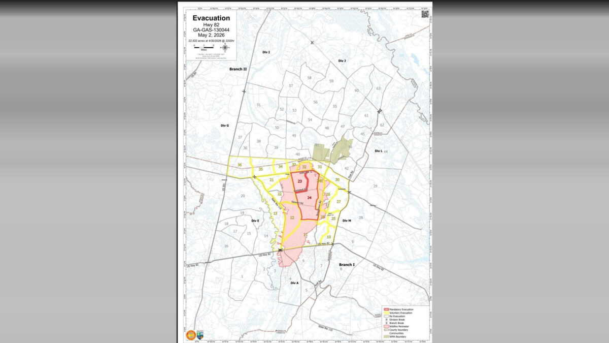 Map showing evacuation zones for Hwy 82, GA-GAS-130044, dated May 2, 2026. The map covers 22,532 acres as of April 30, 2026, at 2200 hours. Areas are divided into numbered sections with boundaries marked for divisions (Div A, Div E, Div G, Div I, Div J, Div L, Div M) and branches (Branch I, Branch II). The map highlights mandatory evacuation zones in red, voluntary evacuation zones in yellow, and no evacuation zones in white. Additional markings include division breaks, branch breaks, wildfire perimeter, county boundary, communities, and WMA boundary. Major roads such as US Hwy 82 and State Rte 110 are labeled.