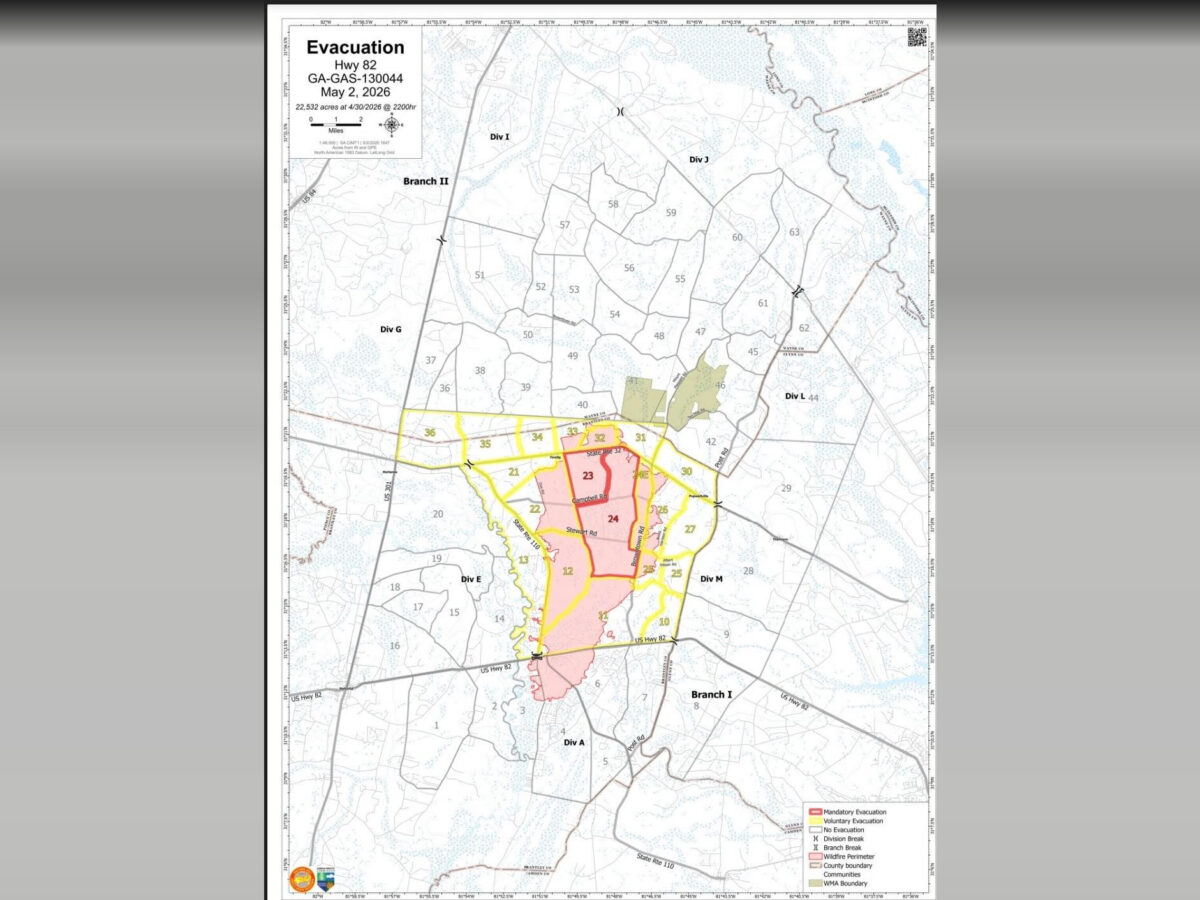 Map showing evacuation zones for Hwy 82, GA-GAS-130044, dated May 2, 2026. The map covers 22,532 acres as of April 30, 2026, at 2200 hours. Areas are divided into numbered sections with boundaries marked for divisions (Div A, Div E, Div G, Div I, Div J, Div L, Div M) and branches (Branch I, Branch II). The map highlights mandatory evacuation zones in red, voluntary evacuation zones in yellow, and no evacuation zones in white. Additional markings include division breaks, branch breaks, wildfire perimeter, county boundary, communities, and WMA boundary. Major roads such as US Hwy 82 and State Rte 110 are labeled.