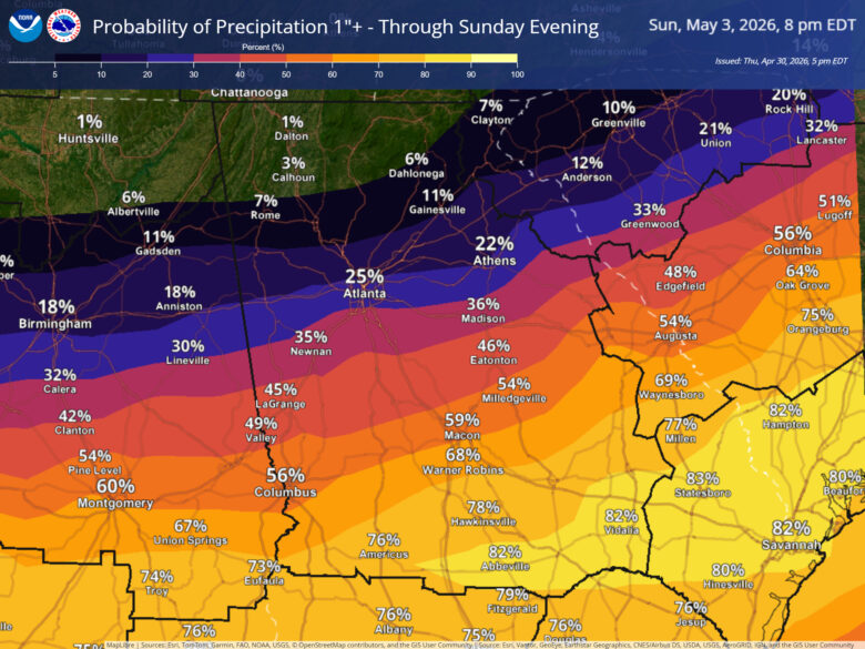 Map showing the probability of receiving 1 inch or more of precipitation through Sunday evening, May 3, 2026, 8 pm EDT. The map covers parts of Alabama, Georgia, and South Carolina with percentages ranging from 1% in Huntsville and Dalton to 83% in Statesboro. The probability increases from north to south, with the highest chances in southern Georgia and coastal areas. The color gradient ranges from dark blue (lowest probability) to yellow (highest probability). Key cities and their probabilities include Atlanta (25%), Columbus (56%), Augusta (54%), Savannah (82%), and Macon (59%). The map was issued on Thursday, April 30, 2026, at 5 pm EDT by NOAA and the National Weather Service.