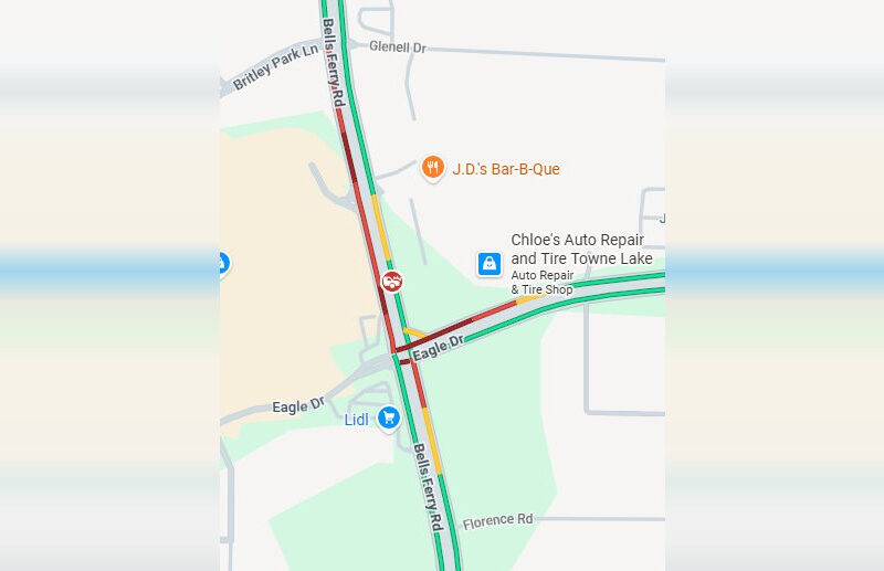 Map showing the intersection of Bells Ferry Rd and Eagle Dr with heavy traffic indicated in red on both roads. Nearby locations include J.D.'s Bar-B-Que to the northeast, Chloe's Auto Repair and Tire Towne Lake to the east, and a Lidl store to the southwest. Surrounding streets include Glenell Dr, Brittley Park Ln, and Florence Rd.