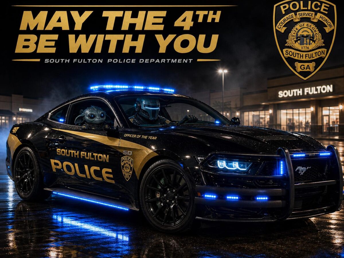 A black South Fulton Police car with gold lettering and blue lights is parked on a wet street at night. Inside the car, a futuristic helmeted officer is driving, and a character resembling Baby Yoda (Grogu) is sitting in the passenger seat. Above the car, large gold text reads "MAY THE 4TH BE WITH YOU" with "SOUTH FULTON POLICE DEPARTMENT" below it. The South Fulton Police badge is displayed in the upper right corner, and a building with "SOUTH FULTON" signage is visible in the background.