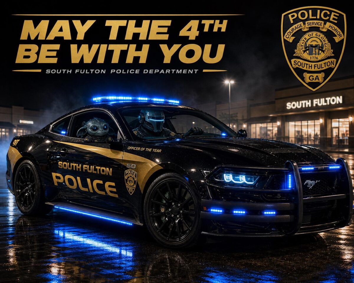 A black South Fulton Police car with gold lettering and blue lights is parked on a wet street at night. Inside the car, a futuristic helmeted officer is driving, and a character resembling Baby Yoda (Grogu) is sitting in the passenger seat. Above the car, large gold text reads "MAY THE 4TH BE WITH YOU" with "SOUTH FULTON POLICE DEPARTMENT" below it. The South Fulton Police badge is displayed in the upper right corner, and a building with "SOUTH FULTON" signage is visible in the background.