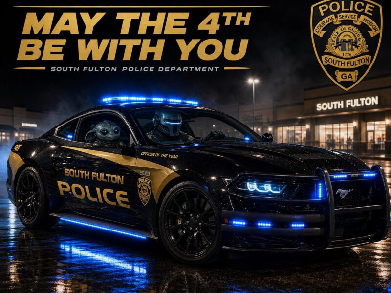 A black South Fulton Police car with gold lettering and blue lights is parked on a wet street at night. Inside the car, a futuristic helmeted officer is driving, and a character resembling Baby Yoda (Grogu) is sitting in the passenger seat. Above the car, large gold text reads "MAY THE 4TH BE WITH YOU" with "SOUTH FULTON POLICE DEPARTMENT" below it. The South Fulton Police badge is displayed in the upper right corner, and a building with "SOUTH FULTON" signage is visible in the background.