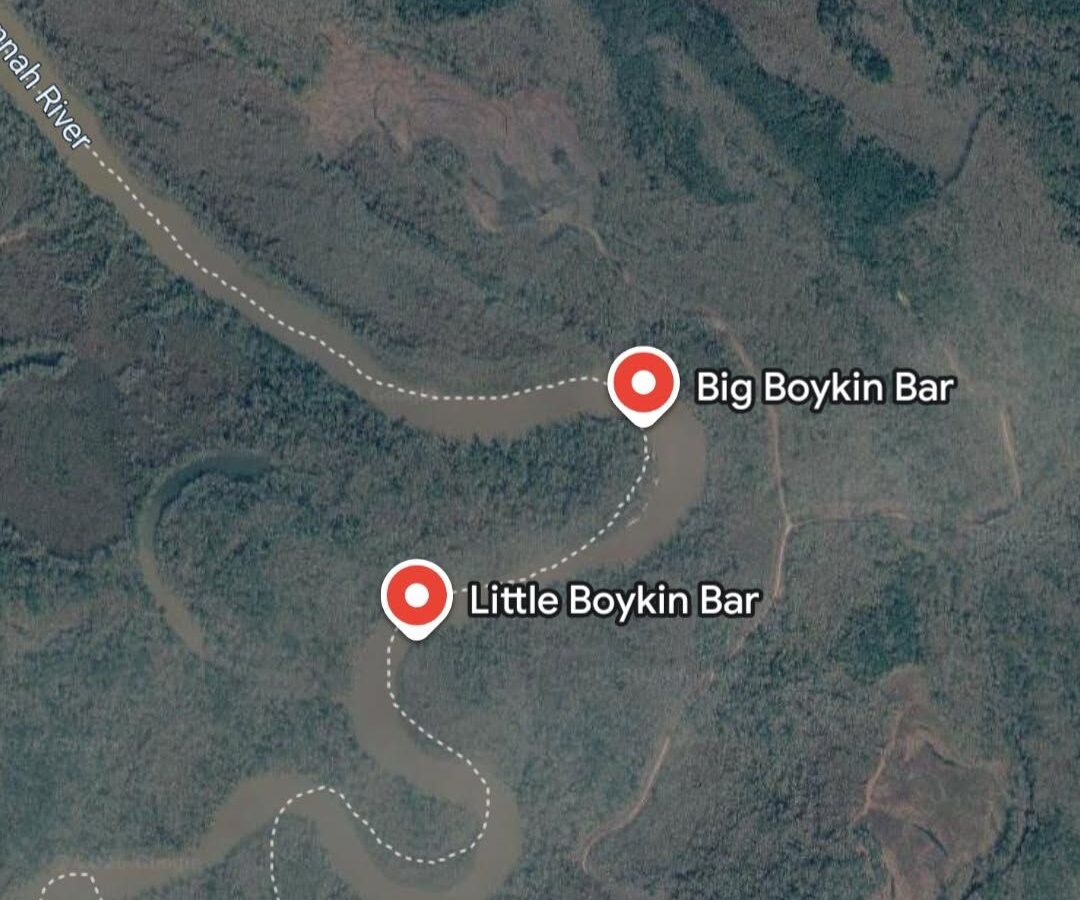 A satellite map showing a winding river labeled with two points: "Big Boykin Bar" near the top right bend and "Little Boykin Bar" near the middle bend. The surrounding area is densely forested. The river is marked with a dashed line along its course.