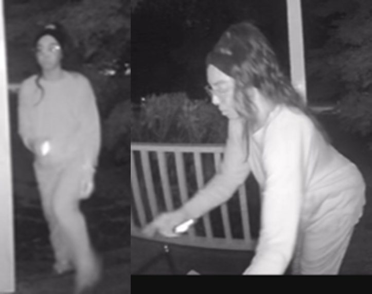 A person with long hair tied back with a headband is wearing glasses and light-colored clothing. In the left part of the image, they are standing and holding something in their right hand. In the right part of the image, they are leaning forward, appearing to interact with an object on a surface in front of them. The scene is outdoors at night, with a railing and some vegetation visible in the background.