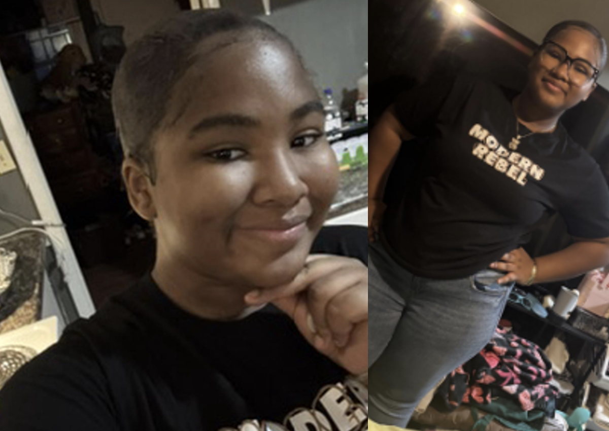 A person with short hair and glasses is wearing a black t-shirt with the words "MODERN REBEL" printed on it. In the left image, they are smiling with their hand resting under their chin. In the right image, they are standing with one hand on their hip, wearing blue jeans, and smiling. The background shows a cluttered room with various items and furniture.