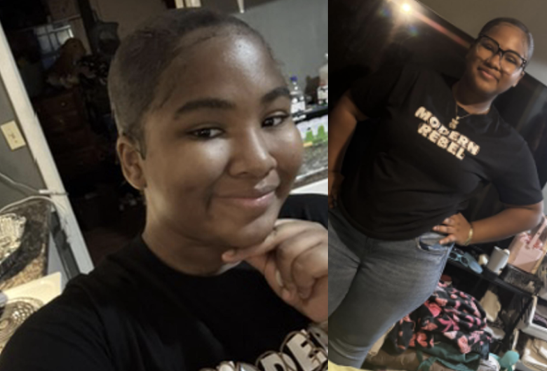 A person with short hair and glasses is wearing a black t-shirt with the words "MODERN REBEL" printed on it. In the left image, they are smiling with their hand resting under their chin. In the right image, they are standing with one hand on their hip, wearing blue jeans, and smiling. The background shows a cluttered room with various items and furniture.