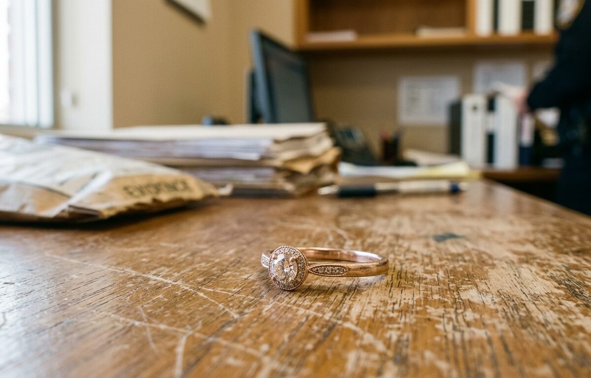 A close-up photograph of a delicate women's ring resting on a wooden police department evidence desk, soft natural light illuminating the piece of jewelry, neutral beige background with subtle law enforcement office atmosphere, shallow depth of field, editorial photography style, warm tones, realistic and detailed rendering of the ring's metallic surface and any gemstone facets, no text or labels visible.