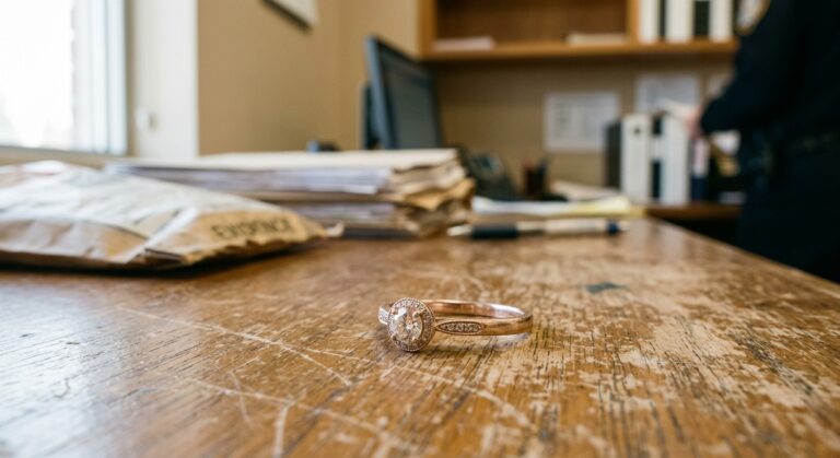 A close-up photograph of a delicate women's ring resting on a wooden police department evidence desk, soft natural light illuminating the piece of jewelry, neutral beige background with subtle law enforcement office atmosphere, shallow depth of field, editorial photography style, warm tones, realistic and detailed rendering of the ring's metallic surface and any gemstone facets, no text or labels visible.