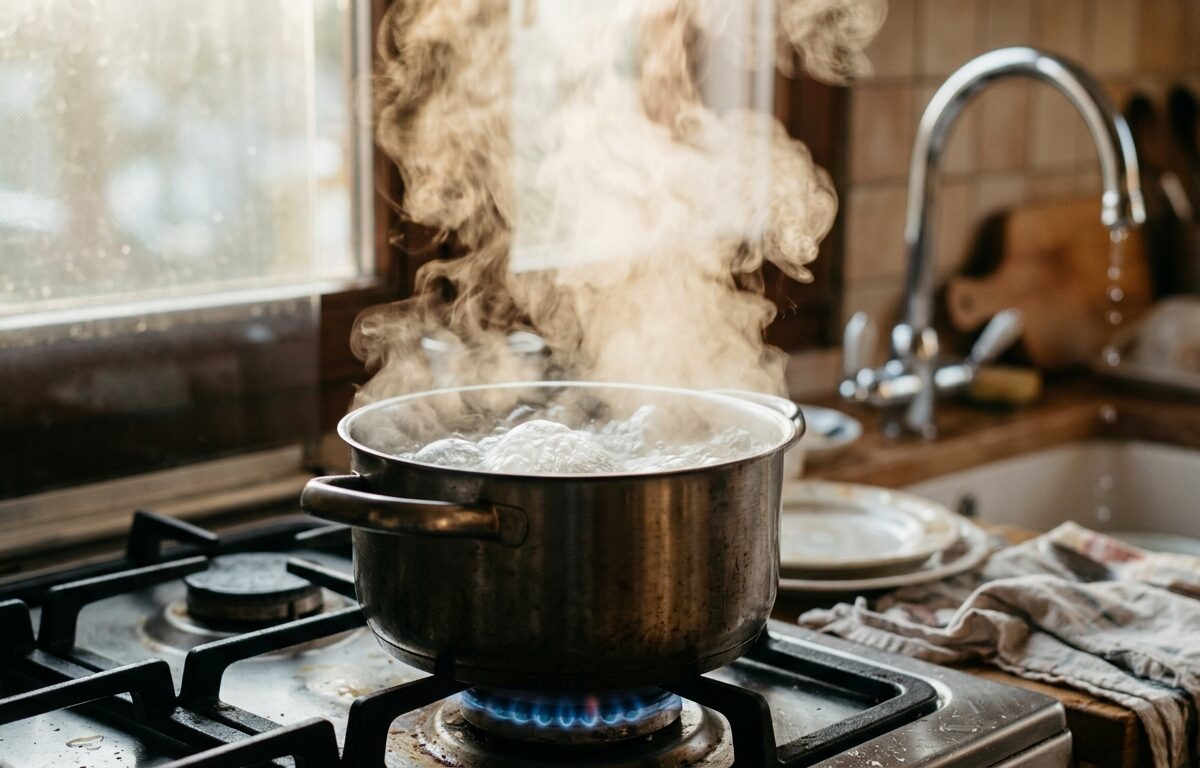 A close-up shot of a residential kitchen stovetop with a stainless steel pot of water reaching a vigorous, rolling boil, steam rising dramatically in warm indoor lighting. In the background, slightly out of focus, a kitchen faucet drips water into a sink. The overall mood is urgent yet domestic, editorial photography style with natural ambient light filtering through a window, shallow depth of field, realistic and cinematic atmosphere.