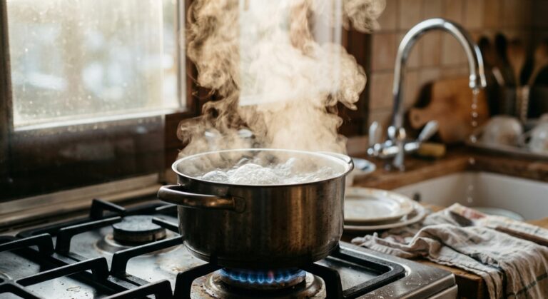 A close-up shot of a residential kitchen stovetop with a stainless steel pot of water reaching a vigorous, rolling boil, steam rising dramatically in warm indoor lighting. In the background, slightly out of focus, a kitchen faucet drips water into a sink. The overall mood is urgent yet domestic, editorial photography style with natural ambient light filtering through a window, shallow depth of field, realistic and cinematic atmosphere.