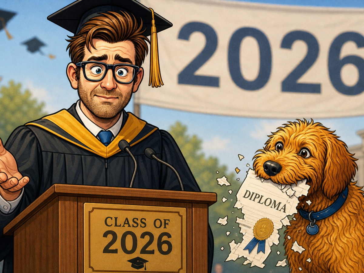 A man in a graduation cap and gown stands at a podium labeled "Class of 2026," looking slightly concerned or apologetic. Next to him, a fluffy brown dog with a blue collar is chewing and tearing apart a diploma. In the background, a large banner displays "2026," and graduation caps are seen flying in the sky.