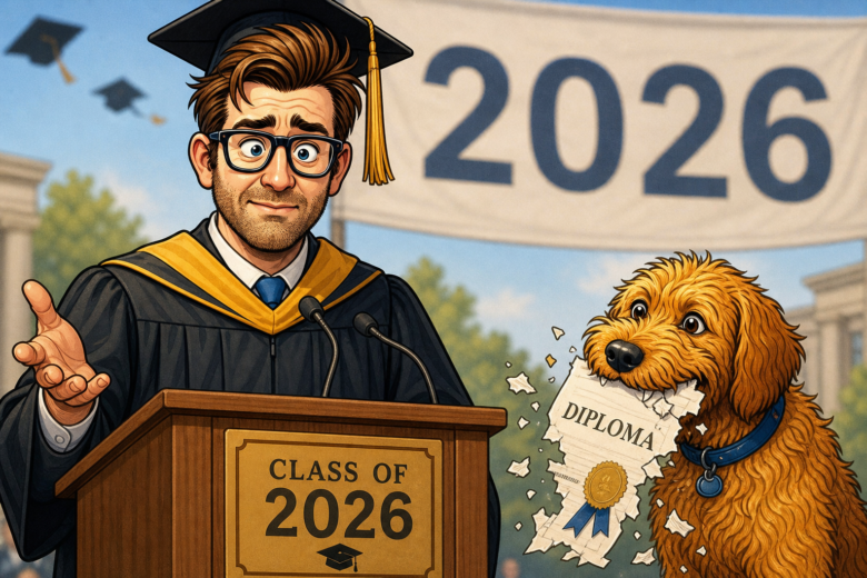 A man in a graduation cap and gown stands at a podium labeled "Class of 2026," looking slightly concerned or apologetic. Next to him, a fluffy brown dog with a blue collar is chewing and tearing apart a diploma. In the background, a large banner displays "2026," and graduation caps are seen flying in the sky.