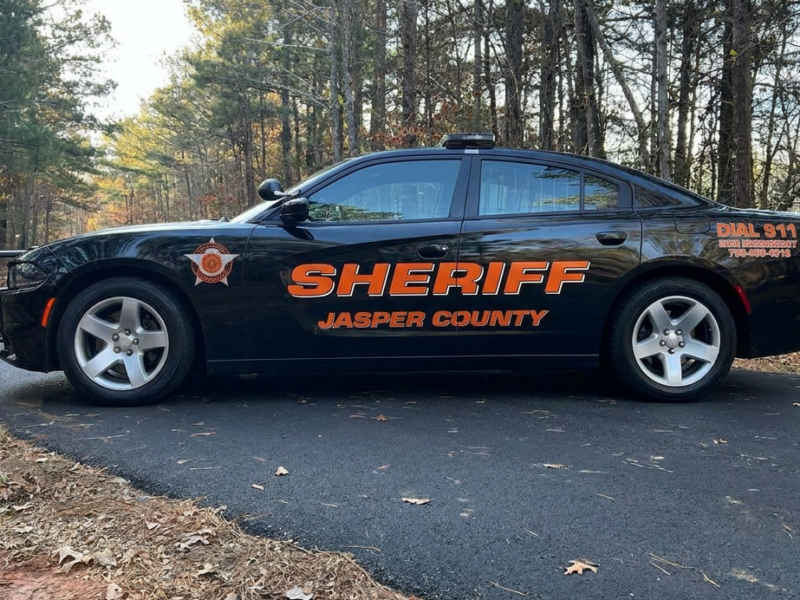 Black sheriff patrol car with orange lettering reading "SHERIFF JASPER COUNTY" on the side, parked on a paved road surrounded by trees. The car has a push bumper on the front and a light bar on the roof. Additional text near the rear reads "DIAL 911" with a phone number.