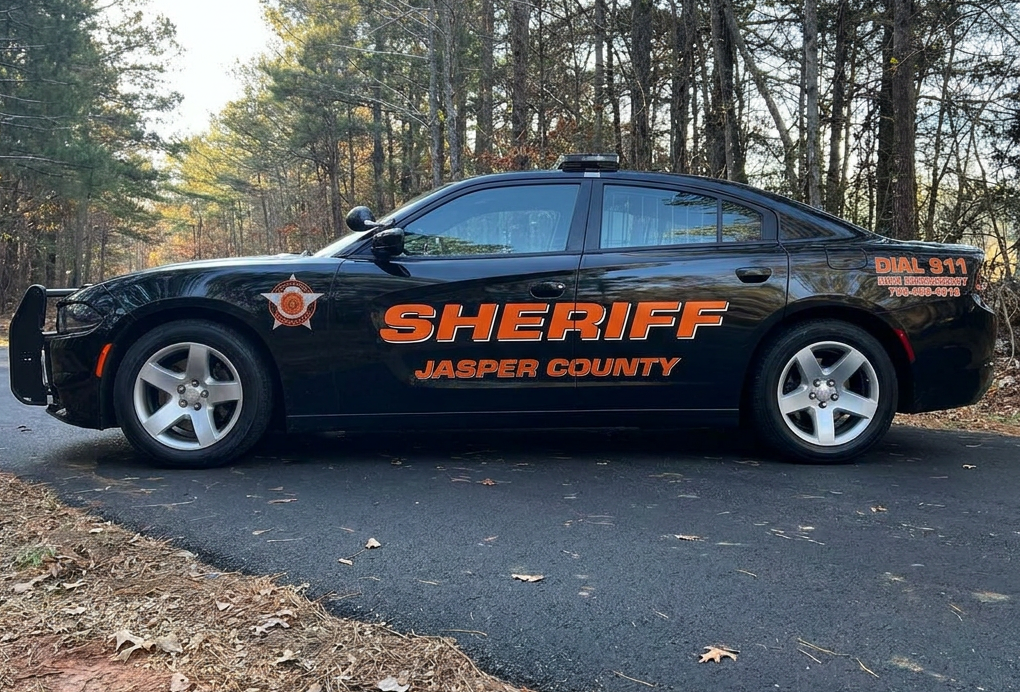 Black sheriff patrol car with orange lettering reading "SHERIFF JASPER COUNTY" on the side, parked on a paved road surrounded by trees. The car has a push bumper on the front and a light bar on the roof. Additional text near the rear reads "DIAL 911" with a phone number.