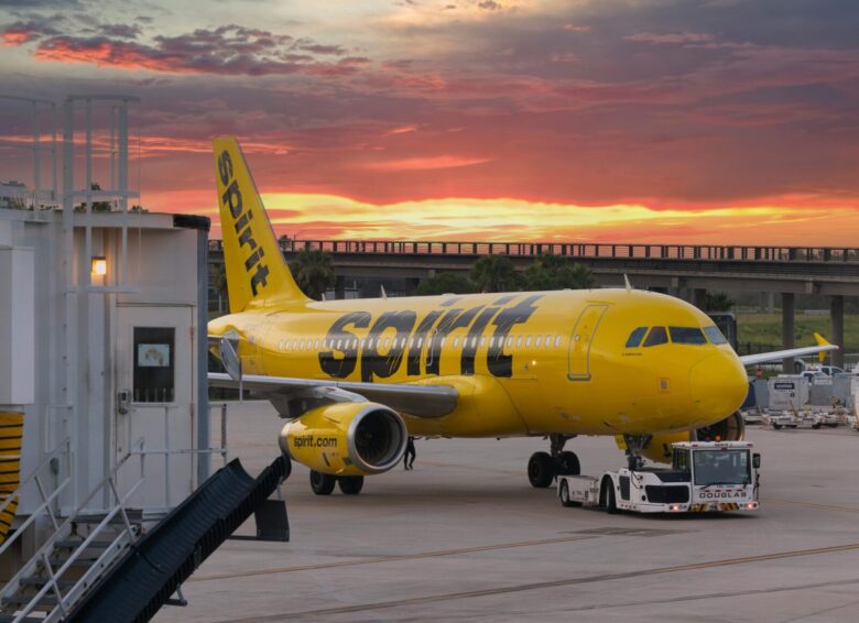Yellow Spirit Airlines airplane parked at the gate during sunset, with a jet bridge on the left and a tug vehicle in front of the plane on the tarmac. The sky is filled with vibrant orange and purple clouds.