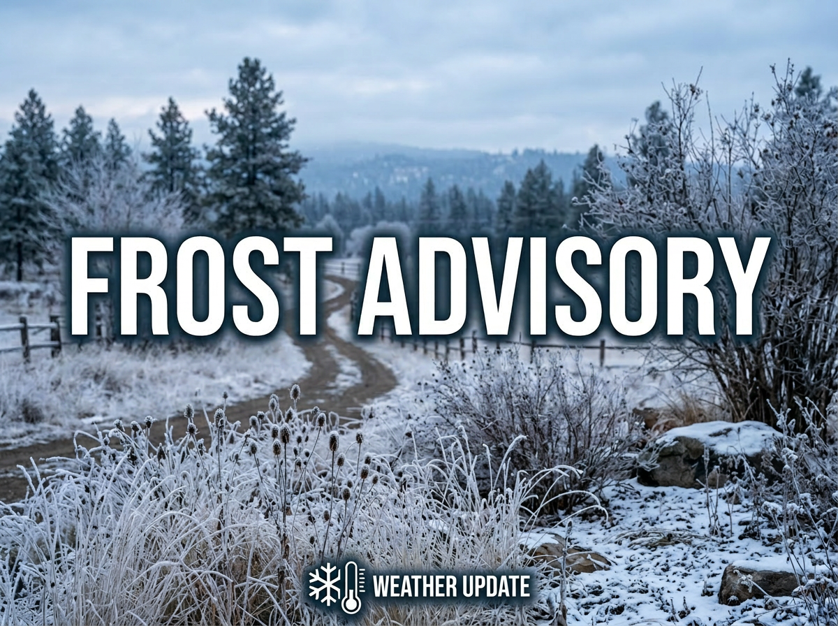 Frost advisory warning text urging protection of sensitive plants on frosty landscape