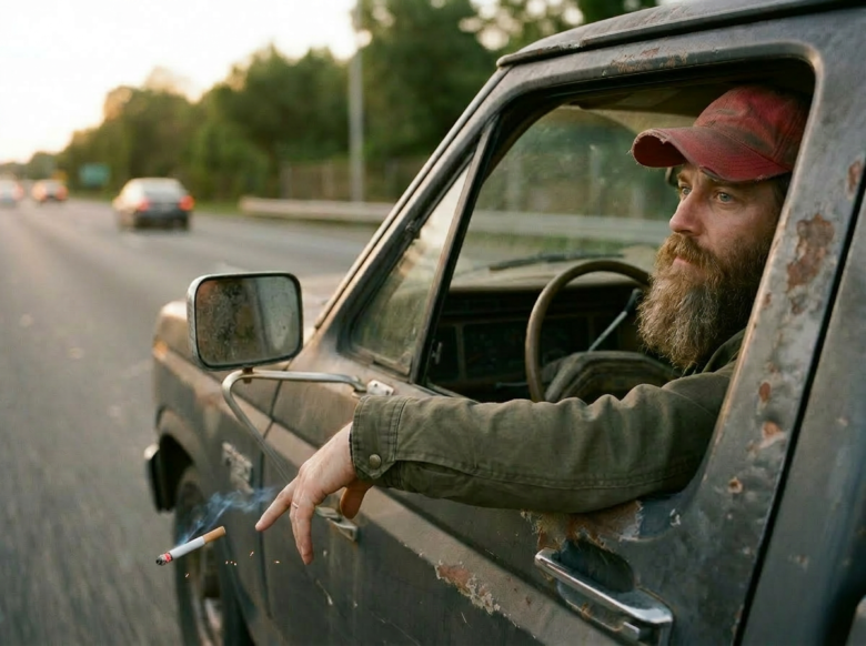 Man leaning out of car window flicking a cigarette
