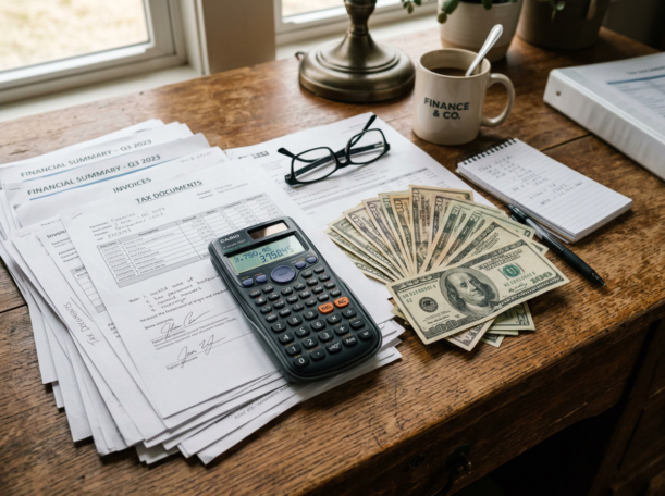 Calculator on tax documents, US dollar bills, eyeglasses, a notebook, and coffee mug on wooden desk