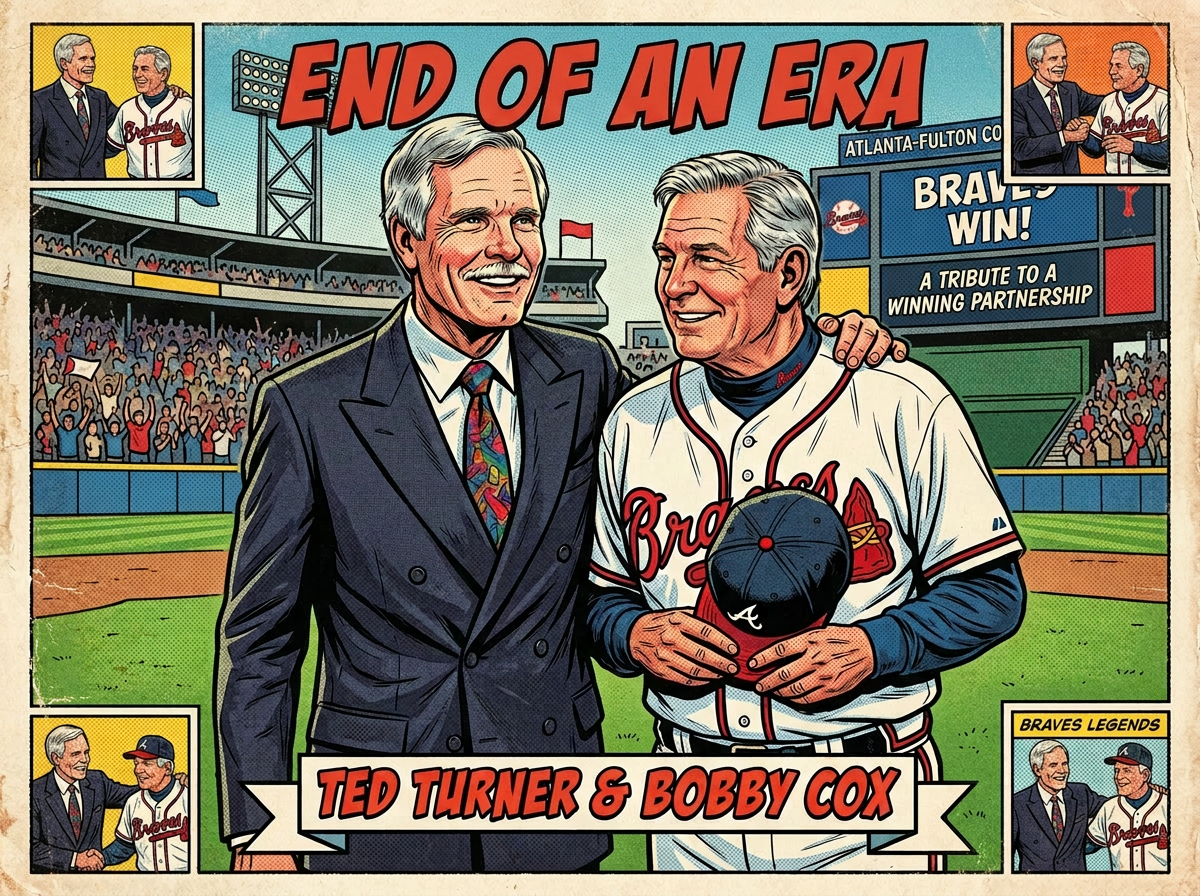 Ted Turner and Bobby Cox standing together in a baseball stadium, celebrating a successful partnership with Braves branding.