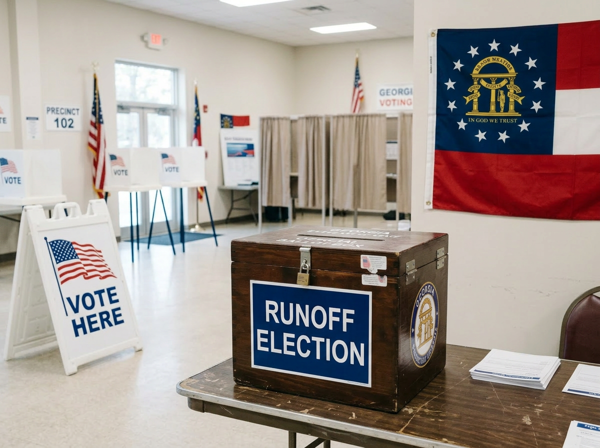 Voter placing ballot in official Georgia runoff election box at polling station