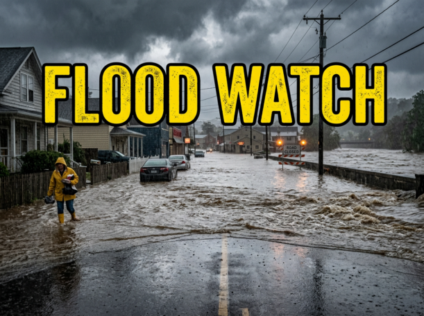 Flooded street with water covering road and parked cars, person walks with yellow raincoat