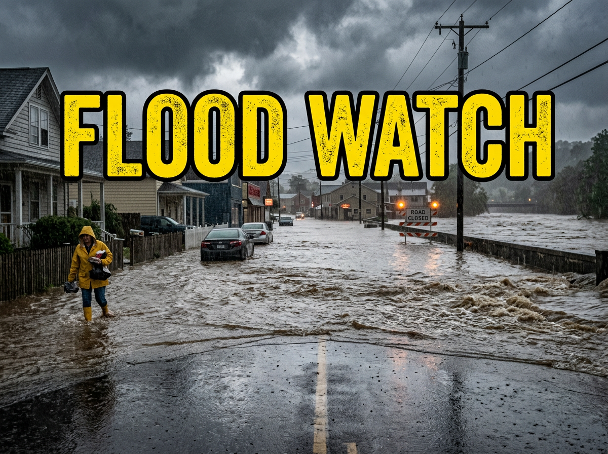 Flooded street with water covering road and parked cars, person walks with yellow raincoat