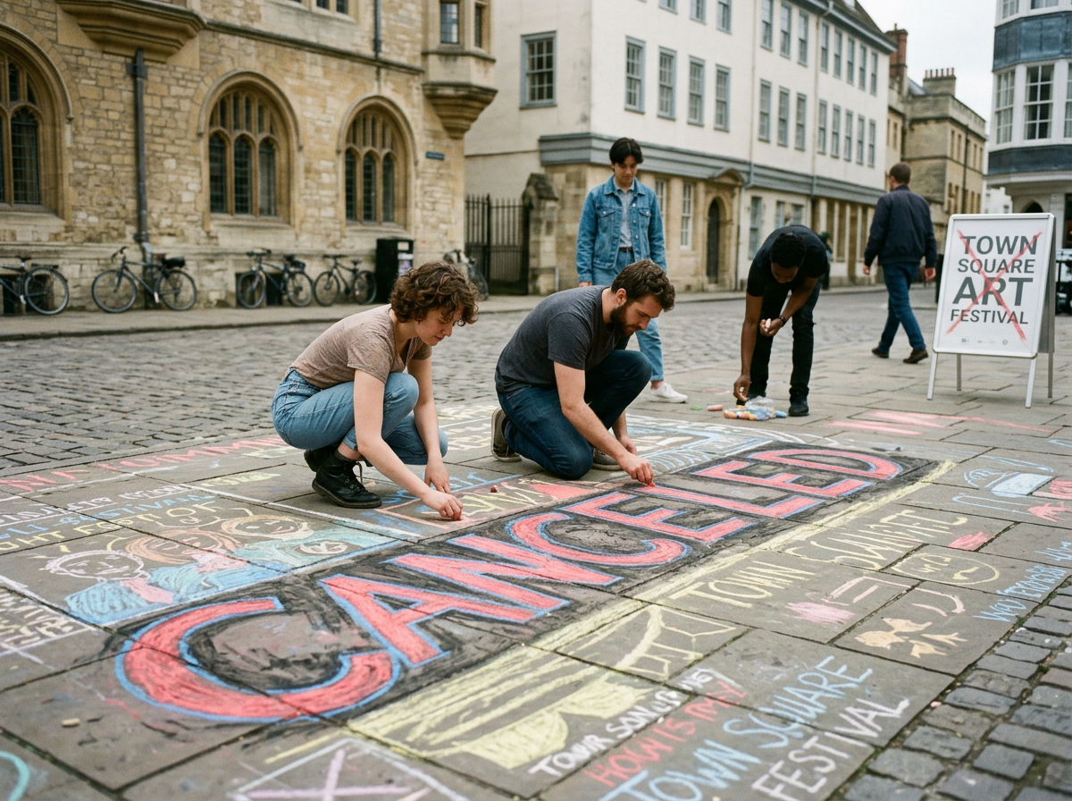 People drawing 'CANCELED' in large chalk letters on street pavement