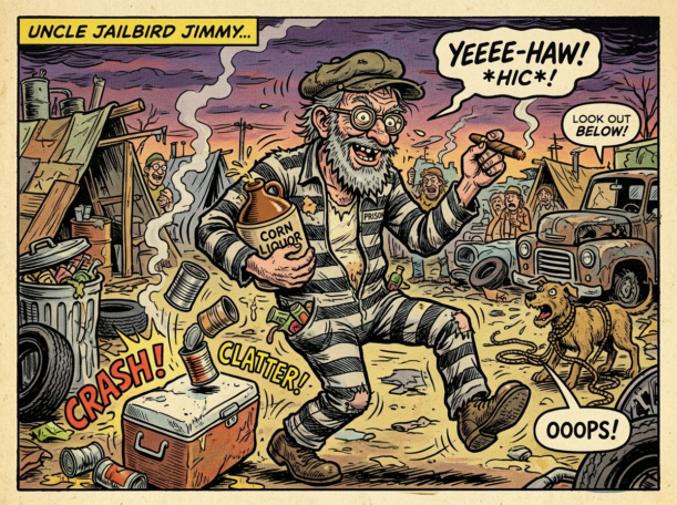 Drunken prisoner holding corn liquor and cigar, stumbling in a junkyard with cans falling and people reacting