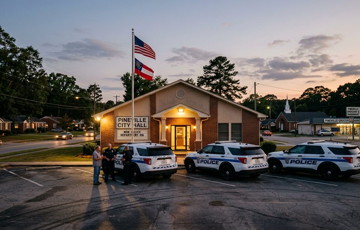 A city hall building at dusk with police cruisers parked outside, representing a small Georgia municipality establishing its own law enforcement agency. The scene shows a modest but official government building with American and state flags, surrounded by a suburban neighborhood with residential streets and local businesses visible in the background. The atmosphere conveys civic transition and community governance, with warm evening light casting long shadows across the parking lot. Editorial photography style, realistic, cinematic composition.