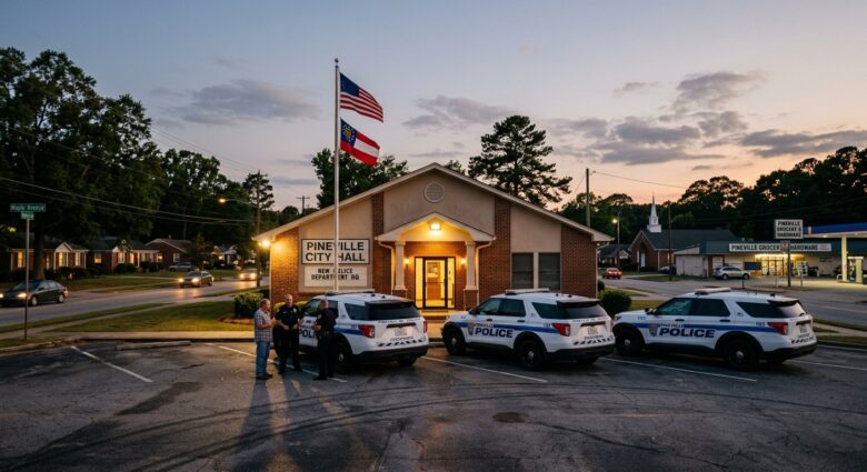 A city hall building at dusk with police cruisers parked outside, representing a small Georgia municipality establishing its own law enforcement agency. The scene shows a modest but official government building with American and state flags, surrounded by a suburban neighborhood with residential streets and local businesses visible in the background. The atmosphere conveys civic transition and community governance, with warm evening light casting long shadows across the parking lot. Editorial photography style, realistic, cinematic composition.