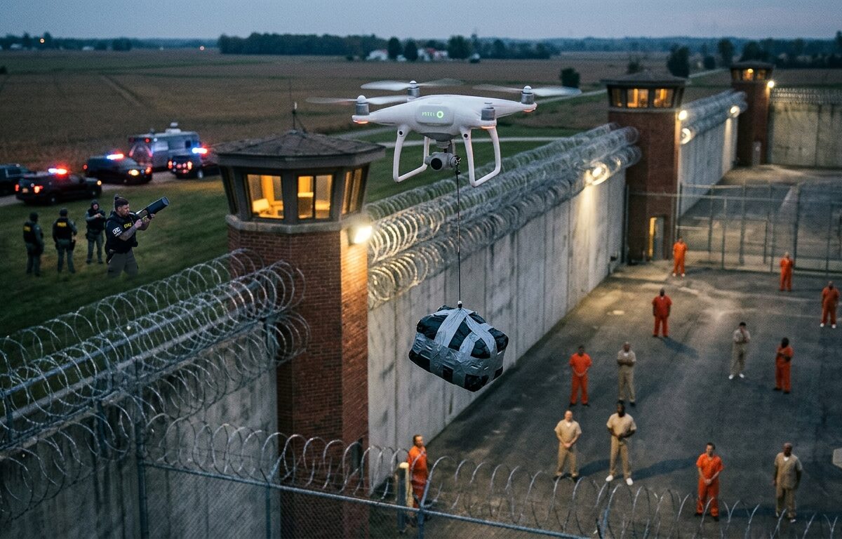 A dramatic aerial scene at dusk showing a small consumer drone flying low over a high-security prison complex, carrying a dark bundle wrapped in duct tape suspended beneath it. The prison below features tall concrete walls topped with razor wire, guard towers with spotlights, and a stark institutional exterior. In the background, federal law enforcement vehicles with flashing lights are positioned near a launch site in a rural area, with agents in tactical gear tracking the drone with detection equipment. The atmosphere is tense and cinematic, rendered in a gritty photorealistic editorial style with muted tones of grey, amber, and deep blue from the fading sky, emphasizing surveillance, crime, and consequences.