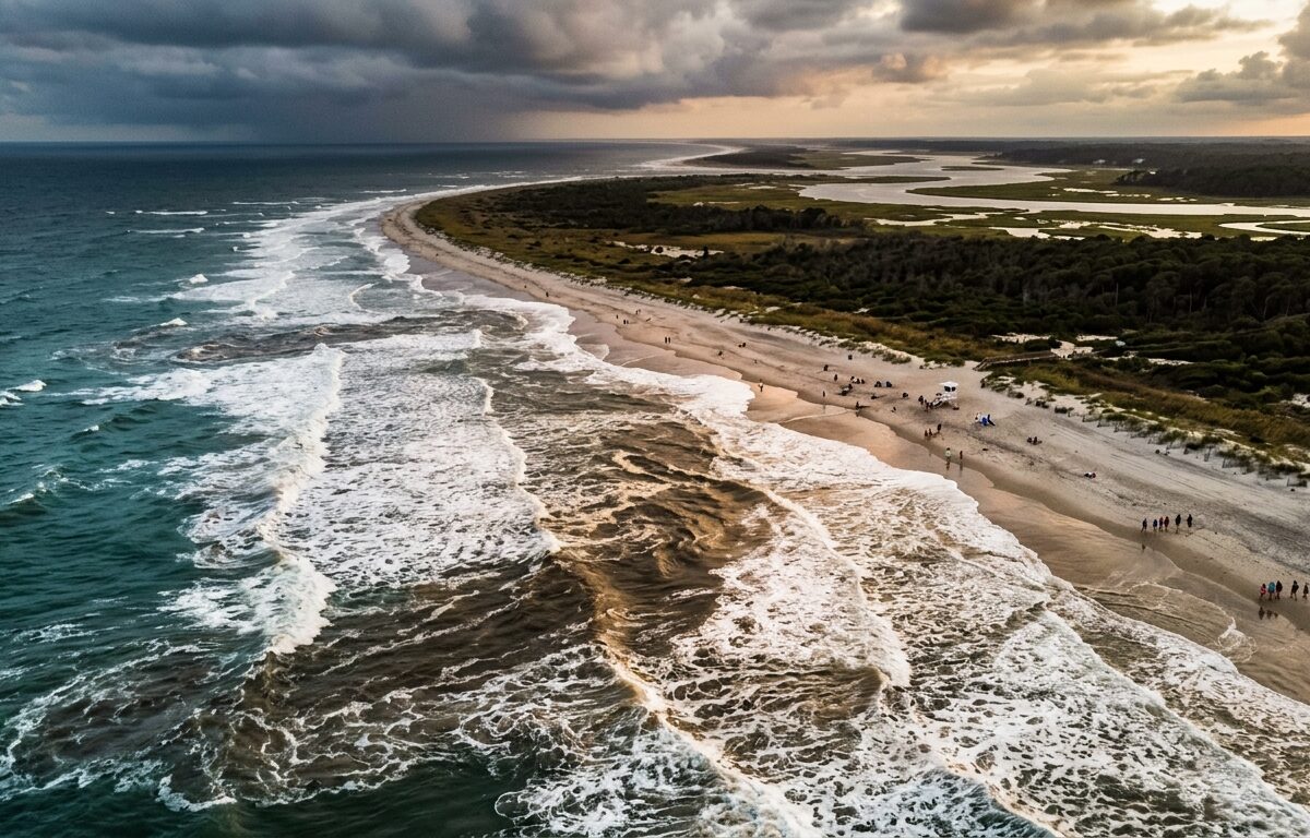 A dramatic aerial view of a Georgia coastal beach scene showing powerful rip currents visible as dark, churning channels cutting through turquoise surf and white foam near the shoreline, with sandy beaches stretching along the coast under a moody, overcast sky with storm clouds building on the horizon, coastal marsh grasses and barrier island vegetation visible in the background, capturing the raw and dangerous power of the ocean water, photorealistic editorial style, golden hour light filtering through cloud breaks
