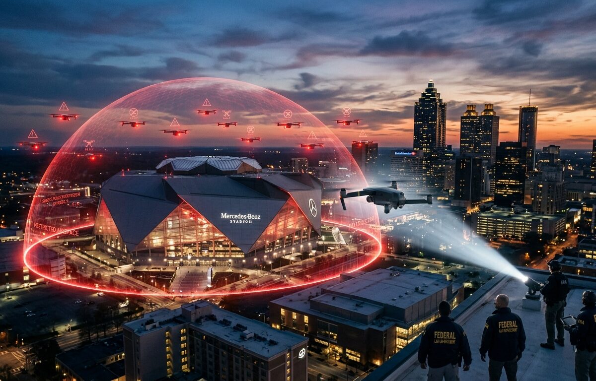 A dramatic aerial view of downtown Atlanta at dusk with the stadium glowing brightly below, surrounded by a visible red restricted airspace boundary zone rendered as a semi-transparent dome of light. In the foreground, a consumer drone is caught mid-flight, illuminated by a spotlight beam, with federal law enforcement agents in dark jackets visible on a rooftop below. The sky has a tense, cinematic atmosphere with deep blue and orange hues. The scene conveys authority, enforcement, and restricted airspace, with a fleet of small drones depicted as warning symbols hovering just outside the glowing boundary line. Photorealistic editorial style, wide-angle perspective.