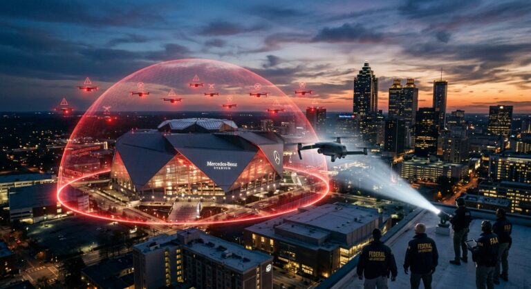 A dramatic aerial view of downtown Atlanta at dusk with the stadium glowing brightly below, surrounded by a visible red restricted airspace boundary zone rendered as a semi-transparent dome of light. In the foreground, a consumer drone is caught mid-flight, illuminated by a spotlight beam, with federal law enforcement agents in dark jackets visible on a rooftop below. The sky has a tense, cinematic atmosphere with deep blue and orange hues. The scene conveys authority, enforcement, and restricted airspace, with a fleet of small drones depicted as warning symbols hovering just outside the glowing boundary line. Photorealistic editorial style, wide-angle perspective.