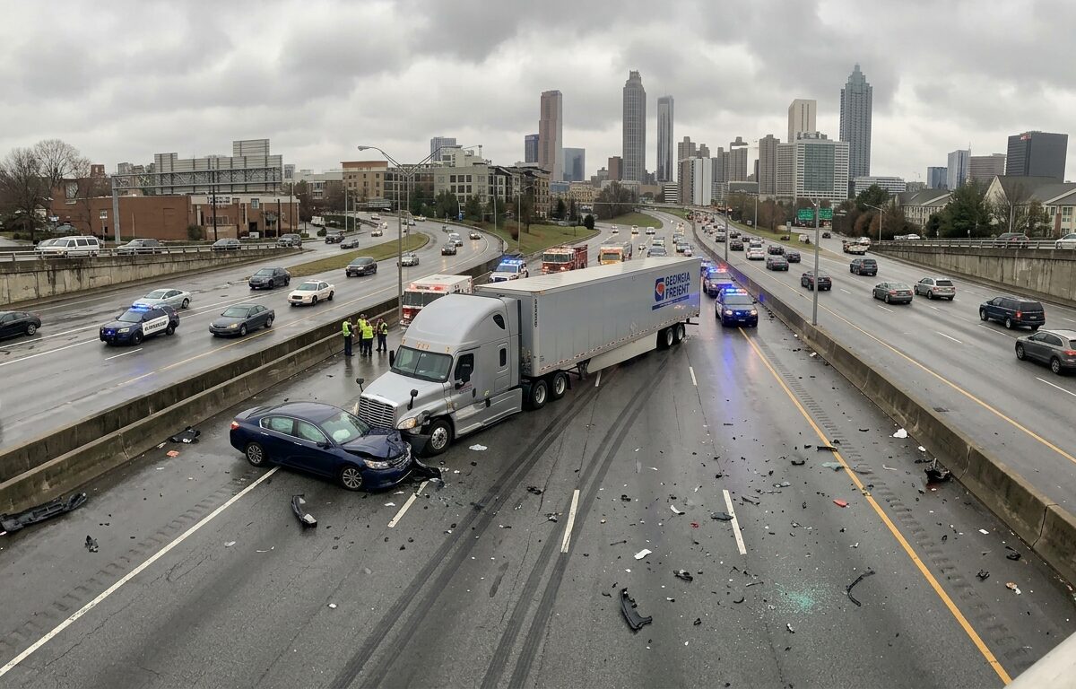 A dramatic scene on a busy Atlanta highway showing a large commercial semi-truck involved in a collision with a passenger vehicle, with skid marks on the pavement and debris scattered across multiple lanes. The image captures the scale difference between the massive freight truck and smaller cars, conveying the serious consequences of such a crash. The setting is a realistic Georgia interstate with urban skyline visible in the background under overcast, tense lighting. The mood is somber and serious, emphasizing danger and legal gravity. Photorealistic editorial style, cinematic composition, wide angle perspective, no text or signage in focus.