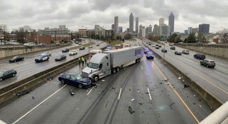 A dramatic scene on a busy Atlanta highway showing a large commercial semi-truck involved in a collision with a passenger vehicle, with skid marks on the pavement and debris scattered across multiple lanes. The image captures the scale difference between the massive freight truck and smaller cars, conveying the serious consequences of such a crash. The setting is a realistic Georgia interstate with urban skyline visible in the background under overcast, tense lighting. The mood is somber and serious, emphasizing danger and legal gravity. Photorealistic editorial style, cinematic composition, wide angle perspective, no text or signage in focus.