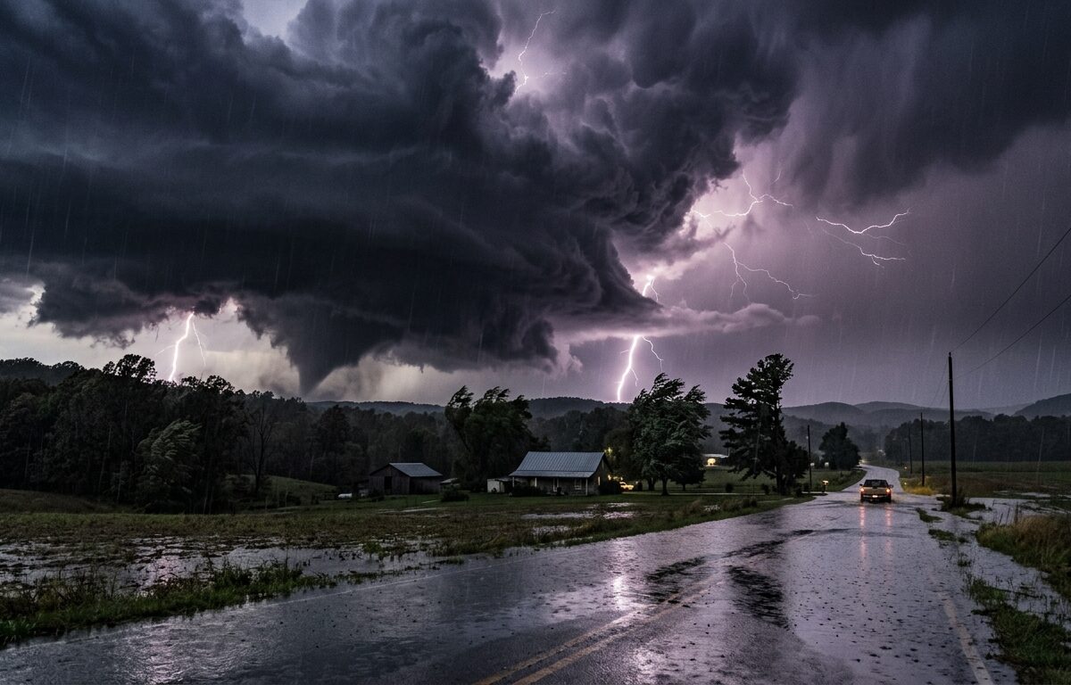 A dramatic wide-angle view of dark, ominous storm clouds rolling over a rural North Georgia landscape at dusk, with deep purple and charcoal thunderheads towering in the sky, lightning illuminating the clouds from within, heavy rain beginning to fall, and a hint of a funnel formation visible in the distant northwest sky. Flooded rural roads reflect the stormy sky, with trees bending in strong winds. The atmosphere is tense and foreboding, captured in a realistic editorial photography style with moody, high-contrast lighting.