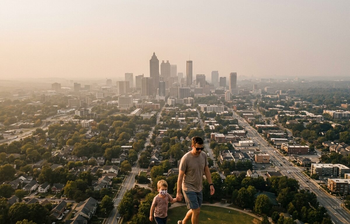 A wide aerial view of the Atlanta, Georgia skyline on a hazy weekend afternoon, with a visible yellowish-orange smog layer hanging low over the urban landscape and surrounding suburban neighborhoods. The sky has a milky, hazy quality with reduced visibility, conveying poor air quality. In the foreground, a parent and young child are seen walking in a park, the child wearing a small mask, with the parent guiding them back indoors. The late afternoon sun is diffused and orange-tinted through the ozone haze. The mood is cautionary and atmospheric, with warm amber and muted tones throughout. Editorial photography style, realistic, wide-angle perspective.