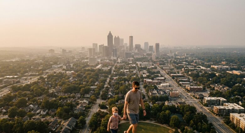 A wide aerial view of the Atlanta, Georgia skyline on a hazy weekend afternoon, with a visible yellowish-orange smog layer hanging low over the urban landscape and surrounding suburban neighborhoods. The sky has a milky, hazy quality with reduced visibility, conveying poor air quality. In the foreground, a parent and young child are seen walking in a park, the child wearing a small mask, with the parent guiding them back indoors. The late afternoon sun is diffused and orange-tinted through the ozone haze. The mood is cautionary and atmospheric, with warm amber and muted tones throughout. Editorial photography style, realistic, wide-angle perspective.