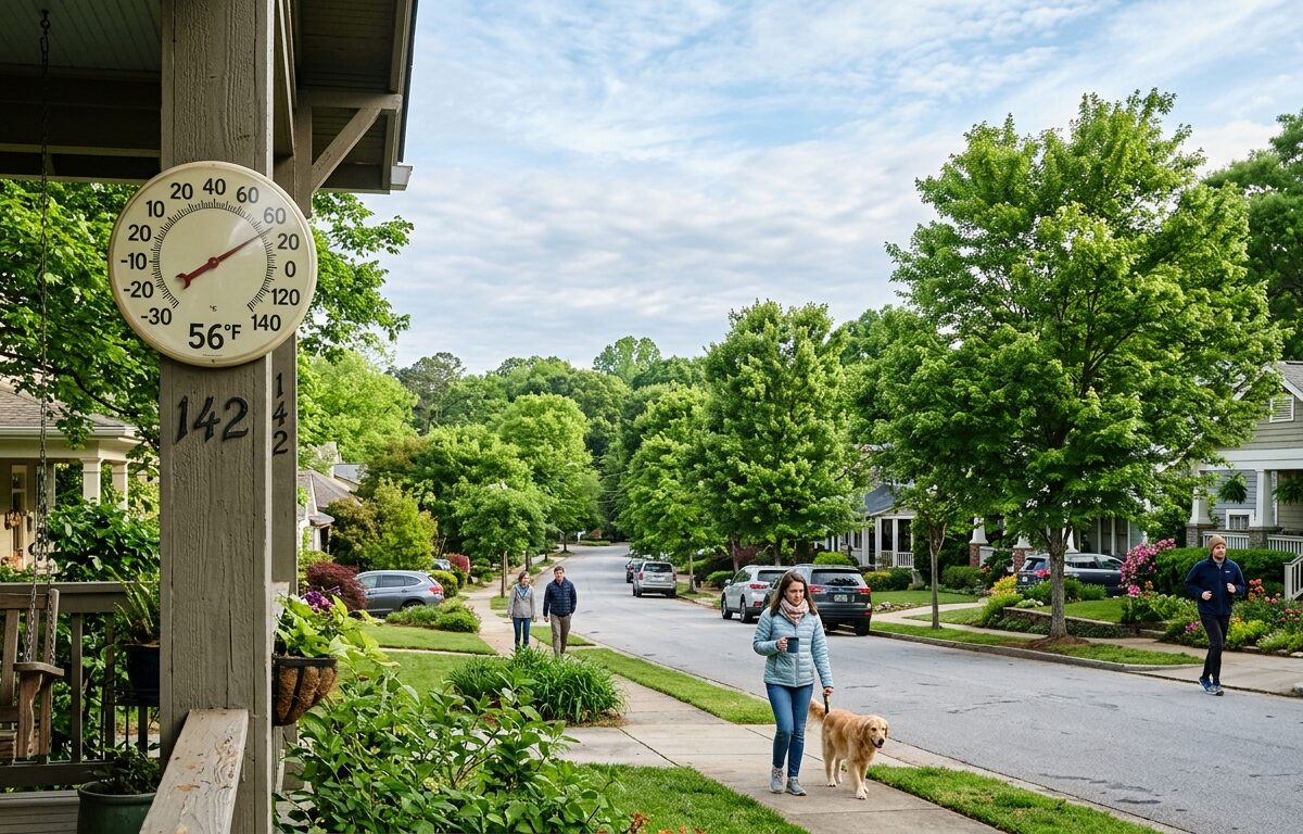 A wide Georgia landscape under a pale blue sky with wispy clouds, showing a residential neighborhood with lush green trees in full summer leaf, yet people outside wearing light jackets or long sleeves, suggesting unseasonably cool weather. A thermometer in the foreground reads unusually low temperatures for early summer. Soft morning light filters through partly cloudy skies, casting gentle shadows across green lawns. The scene blends the visual cues of summer — bright foliage, long days — with the atmospheric feel of a cool spring day, capturing the contrast of meteorological summer meeting atypical cold. Editorial photography style, natural lighting, realistic and detailed.