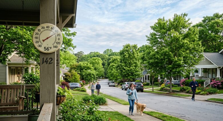 A wide Georgia landscape under a pale blue sky with wispy clouds, showing a residential neighborhood with lush green trees in full summer leaf, yet people outside wearing light jackets or long sleeves, suggesting unseasonably cool weather. A thermometer in the foreground reads unusually low temperatures for early summer. Soft morning light filters through partly cloudy skies, casting gentle shadows across green lawns. The scene blends the visual cues of summer — bright foliage, long days — with the atmospheric feel of a cool spring day, capturing the contrast of meteorological summer meeting atypical cold. Editorial photography style, natural lighting, realistic and detailed.