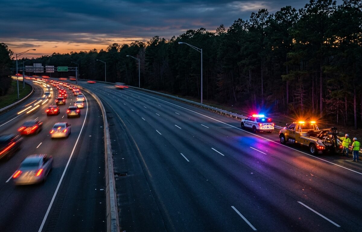 Police car and tow truck with flashing lights on a highway shoulder at dusk as traffic passes